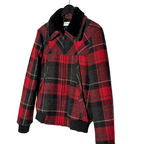 Saint Laurent Shearling Collar Black Red Plaid Jacket - Picture 2 of 11